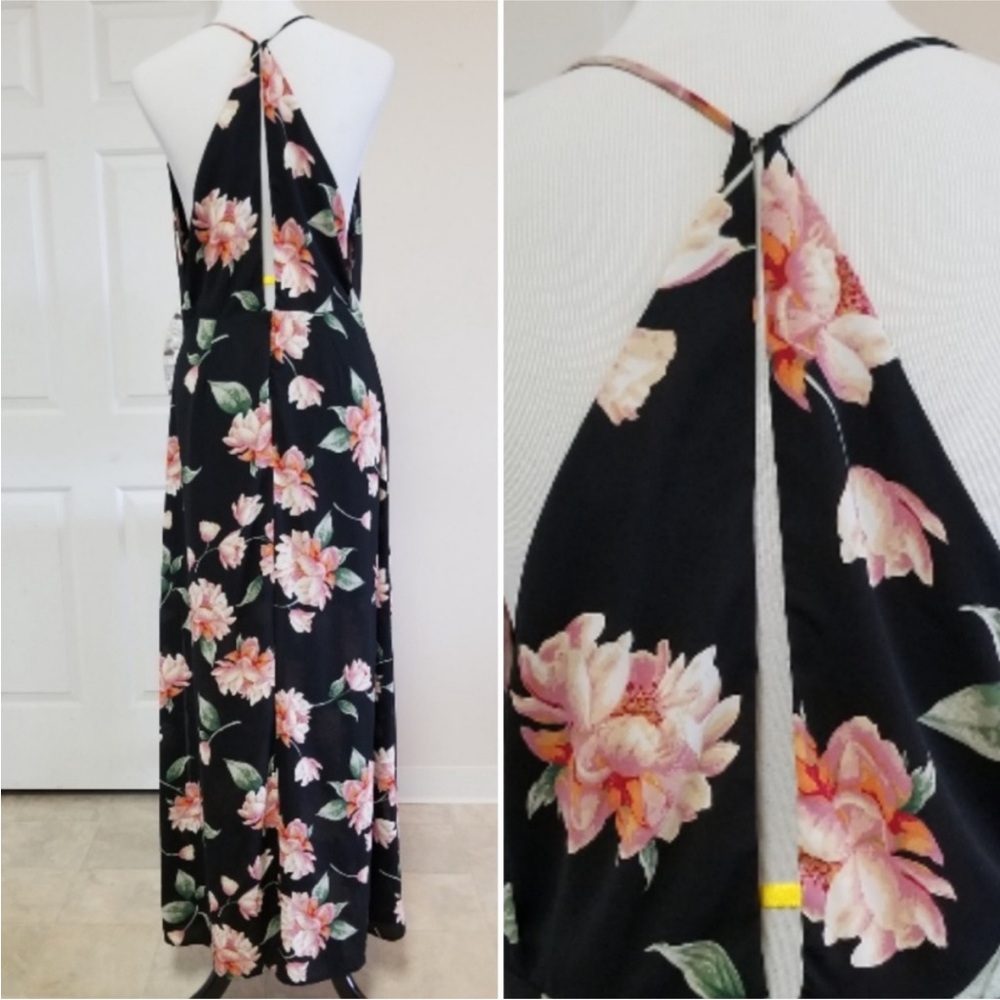NWOT Lush Nordstrom Black Floral Surplice Split Maxi Dress V-Neck Size Medium
